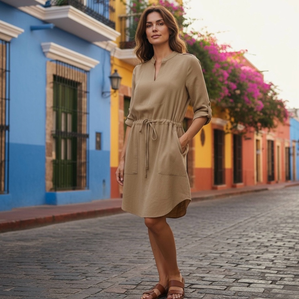 4/$40 Haute Monde‎ V-Neck Long Sleeve Tan Midi Shirt Dress